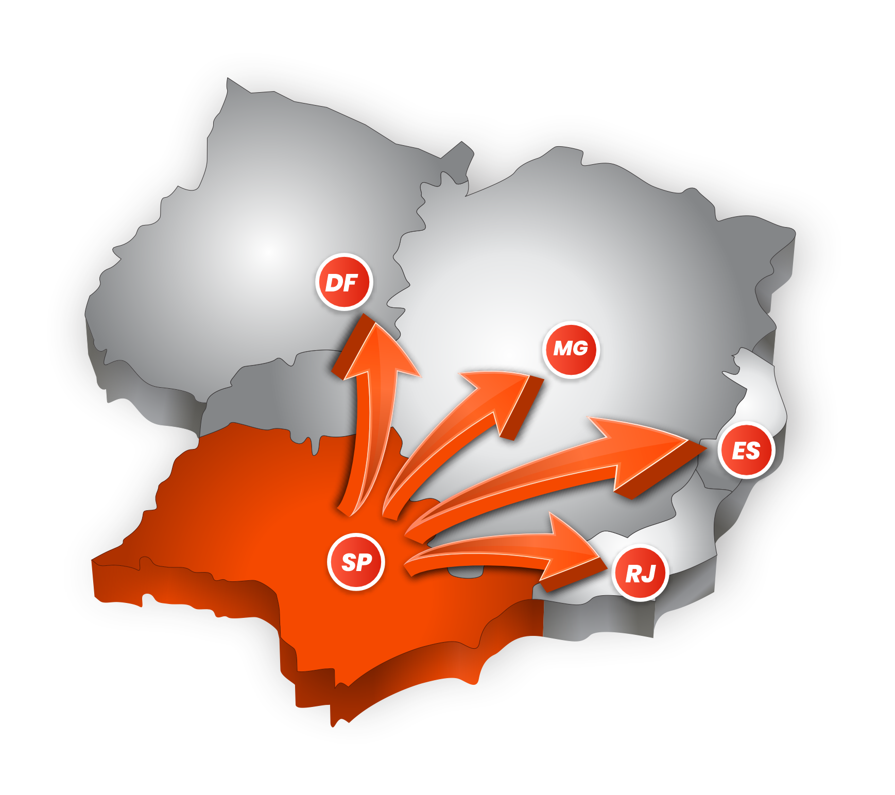 Mapa de atuação da TADEX: captação em São Paulo com entregas para Rio de Janeiro, Minas Gerais, Espírito Santo e Distrito Federal